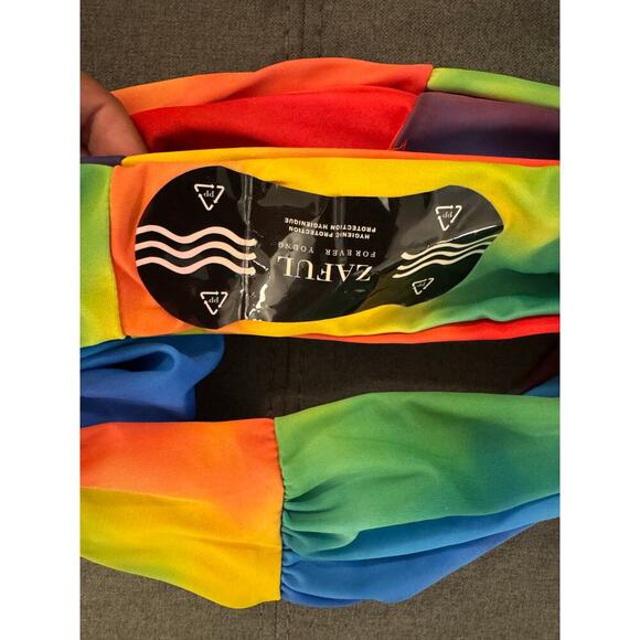 Zaful Size Large NWT 2 Piece Rainbow High Waist Knot Tankini Bathing Swim Suit - Picture 7 of 7